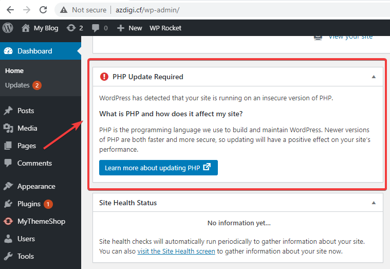 Xử lý cảnh báo PHP Update Required trên website WordPress